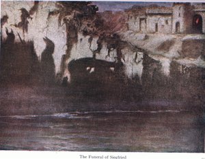 Siegfrieds begravning, illustration från The Stories of Wagners Operas pub. av George Harrap & Co Ltd 1932 av Ferdinand Lecke
