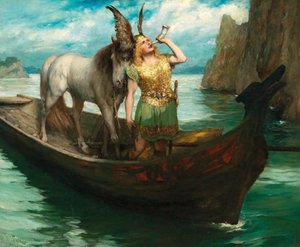Siegfrieds resa till Rhen. The Twilight of the Gods. Sångaren Hubert Leuer som Siegfried, 1908.