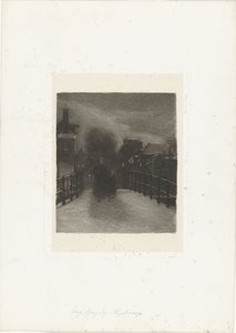 Gammal kvinna med barn på en bro Vinterkväll (titel på objekt) av Ferdinand Oldewelt (signed by artist)