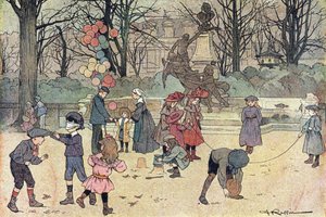 Spel med colin-aillard, hopprep, ballong och sand i den offentliga trädgården, i Imagier de l