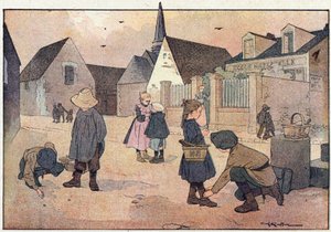 Utanför skolan, i barndomens bilderbok, ca 1900 (gravyr) av Ferdinand Raffin