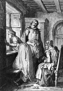 Klaerchen väntar på Egmont, illustration till Egmont, tragedi av Johann Wolfgang von Goethe (1749-1832), träsnitt efter teckning av Ferdinand Rothbart (1823-1899) av Ferdinand Rothbart