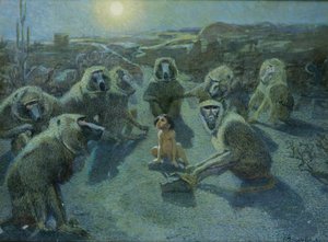 Mowgli fångad av apor (olja och bläck på duk) av Ferdinand Schebek
