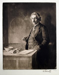 Porträtt av Albert Einstein (1879-1955). Verk av Ferdinand Schmutzer (1870-1928), gravyr