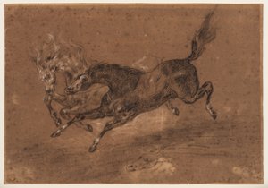 Hästar som springer (recto); naken skäggig man, sittande (verso), ca 1800-1899 (svart och vit krita (recto), svart och vit krita och brun tvätt (verso), på brunt förbehandlat lagt papper) av Ferdinand Victor Eugene (follower of) Delacroix