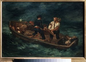 ”Efter ett skeppsbrott” (även kallat ”Abandoned Shipwrecks in a Canoe”) Överlevande från ett skeppsvrak på en flotte. Målning av Eugene Delacroix (1798-1863) 1847 Pushkin Museum of Fine Arts, Moskva av Ferdinand Victor Eugene Delacroix