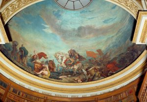Attila (395-453) hövding för Hunsstammen, följt av hans barbarhorder trängdes i Italien i 452 Fresco av Eugene Delacroix (1798-1863) som dekorerade kupolen på nationalförsamlingens bibliotek (Palais Bourbon) 1843 Paris av Ferdinand Victor Eugene Delacroix