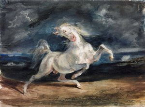 Cheval effraye par la foudre - Häst skrämd av blixten - Delacroix, Eugene (1798-1863) - 1825-1829 - Akvarell, Gouache på papper - 23,6x32 - Szepmuveszeti Muzeum, Budapest av Ferdinand Victor Eugene Delacroix