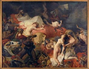 Sardanapales död. Sardanapale, assyrisk kung som belägrades av uppror, lät slakta sina fruar och hästar innan han tog livet av sig. Målning av Eugene Delacroix (1798-1863) av Ferdinand Victor Eugene Delacroix