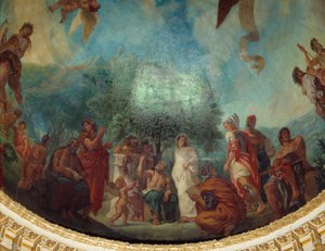 Nedstigning till Limbes: gruppen av berömda: från vänster till höger, Demosthene (sittande), Xenophon, Platon och Sokrates, Aspasie (vit), Apelle, Alexander den store, Aristoteles och Akilles som sitter. Målning av Eugene Delacroix (1798-1863) som dekorera av Ferdinand Victor Eugene Delacroix
