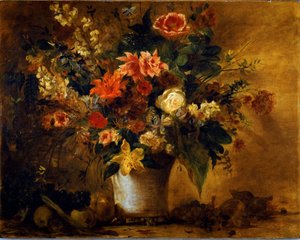Blommor och frukter Bukett av blommor i en vas av grees. Målning av Eugene Delacroix (1798-1863) 1843 ca. Sol. 74x93 cm Vienna Kunsthistorisches Museum, Neue Gallery av Ferdinand Victor Eugene Delacroix