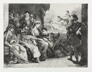 Hamlet: Hamlet beordrar skådespelarna att göra en scen från hans fars förgiftning, 1834. av Ferdinand Victor Eugene Delacroix