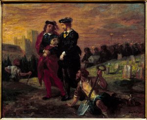 Hamlet och Horatio på kyrkogården. Akt V i William Shakespeares pjäs "Hamlet". Målning av Eugene Delacroix (1798-1863) Ec. Fr. av Ferdinand Victor Eugene Delacroix