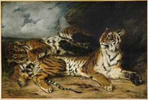 Ung tiger leker med sin mamma ... av Ferdinand Victor Eugene Delacroix