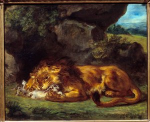 Lejon som slår en kanin. Målning av Eugene Delacroix (1798-1863) av Ferdinand Victor Eugene Delacroix