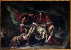 Pieta eller "" Deploration"" Målning av Eugene Delacroix (1798-1863) 1844 Sön. 3,55 x 4,75 m Kyrka Saint-Denis du Saint-Sacrement i Paris. av Ferdinand Victor Eugene Delacroix