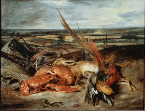 Stilleben med hummer och troféer för jakt och fiske - olja på duk av Ferdinand Victor Eugene Delacroix