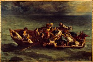 Förlisningen av "Don Juan". Illustration av boken av George Gordon Byron som heter Lord Byron (1788-1824) "Don Juan", sång II. Målning av Eugene Delacroix (1798-1863) av Ferdinand Victor Eugene Delacroix