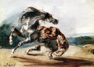 Tiger Attacking a Wild Horse (penna & bläck och akvarell på papper) av Ferdinand Victor Eugene Delacroix
