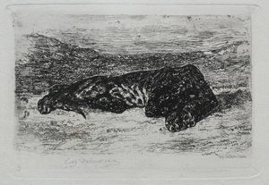 Tiger som ligger i öknen. av Ferdinand Victor Eugene Delacroix