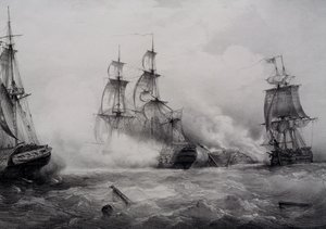 Strid mellan brittiska och amerikanska tredje klassens segelfartyg med 74 kanoner, litografi av Ferdinand Perrot av Ferdinand Victor Perrot