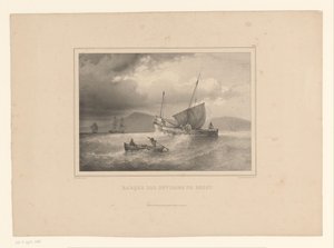 Strandad brigg mellan de höga vågorna Brick a la cote (titel på objekt) Naval Studies av Ferdinand Victor Perrot (serietitel) av Ferdinand Victor Perrot