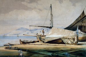 Leudi, ligurisk fiskebåt, färglitografi av Ferdinand Perrot