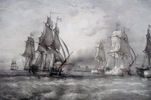 Paul Jones attackerade den brittiska flottan under kommando av Pearson och anlände från Östersjön av Ferdinand Victor Perrot