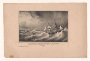 Redding van de bemanning van het schip de Reparateur Räddning av besättningen på fartyget Le Reparateur, från Bordeaux av fartyget Jules de Nantes i stormen 1825. (Ile Bourbon) (titel på objektet) Rivieren en zeeën langs av Franse kust (serie tit