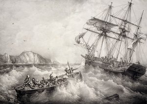 Räddning av besättningen på bretonsk fiskebåt av svenska fartyget Le Neptune, Litografi av Ferdinand Perrot