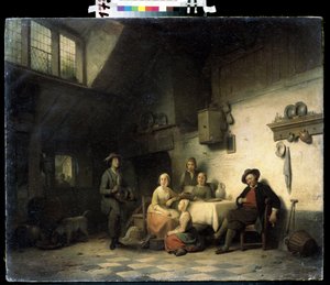 ""Le concert prive"" (Huskonsert) En familj som samlats i en blygsam interiör i Belgien lyssnar på en musiker som spelar på hjulet. Målning av Ferdinand de Braekeleer den äldre (1792-1883) 1800-talets Mikhail Kroshitsky Art Museum, Sevastopol (Se