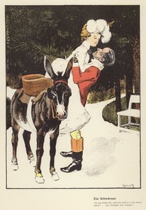 Man hjälper en kvinna att stiga av en åsna (färg litho) av Ferdinand von Reznicek