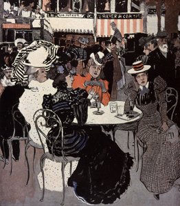 Kvinna pratar vid ett bord utanför ett kafé. Illustration av Von Reznicek i: Simplicissimus, Tyskland av Ferdinand von Reznicek