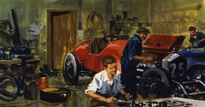 Juan-Manuel Fangio var lärling hos racerföraren Viggiano (färglitografi)