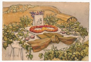Konstnärens hustrus namnsdag, soffa och bord prydda med grönska av Ferdynand Ruszczyc