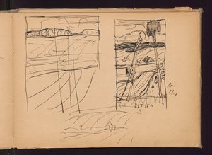 Drei Skizzen: a),c) hügelige Landschaft, b) alte Kreuze; verso: drei Skizzen von Bildern: Der Engel des Herrn, Litauen, Provinz