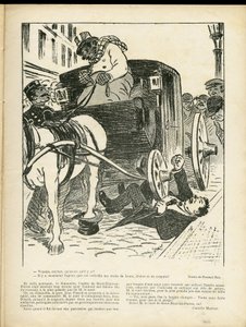 Illustration av Fernand Fau (1858-1919) i Le Rire, 29/02/08 - Metiers, Transport, Katastrofolyckor, Caleche Fiacre Cab - Cochers Fiacres av Fernand Fau