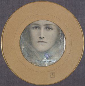 Bruna ögon och en blå blomma av Fernand Khnopff