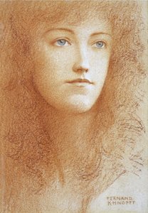 ""Porträtt av en ung engelsk kvinna"" Sanguine på papper av Fernand Khnopff (1858-1921) Cirka 1890 privat samling av Fernand Khnopff
