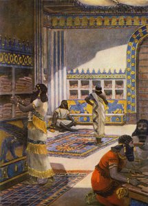 Det berömda biblioteket hos kung Ashur-bani-pal i Nineveh (färglitografi)