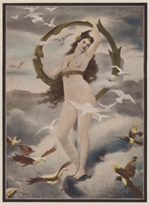 Kvinna omgiven av fåglar (färg litho)