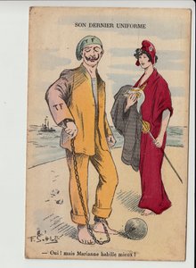 Vykort, Satirical in Colors: Her Last Uniform - War of 14 -18 - Marianne, William II Illustration av Gottlob (1873-1935)