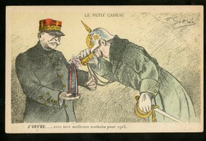 Vykort, satirisk i färger, ca. 1914_12: En liten gåva jag erbjuder med mina lyckönskningar för 1915 - War of 14 -18, Kanoner, snäckor - William II, Joffre Illustration av Gottlob (1873-1935)