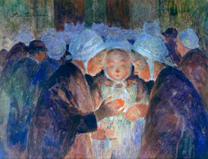 Unga människor från Breton före en procession, c1884-1930