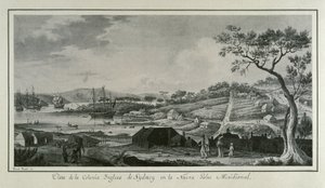 MALASPINA, Alejandro (1754-1809). Italiensk-spansk sjöfarare och upptäcktsresande; BRAMBILA, Fernando (1763-1834). Målare. Australien (18:e århundradet). Engelska kolonin New South Wales. Teckning av Fernando Brambila som illustrerar den vetenskapliga expe
