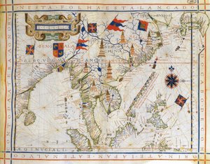Plankarta, pre-Mercator-karta från 1571 av den portugisiske kartografen Fernao Vaz Dourado (ca 1520-c1580). Karta över östra Indien, Bengaliska viken, sydöstra Kina, Thailand, Borneo och Japan. Kräftans vändkrets är namngiven. av Fernao Vaz Dourado