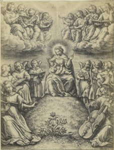 Fotoreproductie van de gravure Le concert des anges door Hieronymus Wierix Änglarnas konsert av Fierlants