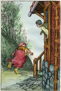 Illustration av Filiberto Scarpelli (1870-1933) till fabeln "Toniotta la stolta" (Toniotta la foolta) ur bröderna Grimms samling av fabler "Snövit och andra sagor", ca 1920.