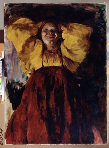 Kvinna i gult. Porträtt av en glad kvinna, klädd i en traditionell klänning, håller händerna bakom huvudet. Målning av Filipp Andreevich Maliavin (Maliavine) (eller Andreyevich Malyavin) (1869-1940), olja på duk