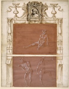 En naken sittande man och två manliga nakenbilder (metalpoint förhöjd med vit kroppsfärg på lila förberett papper)